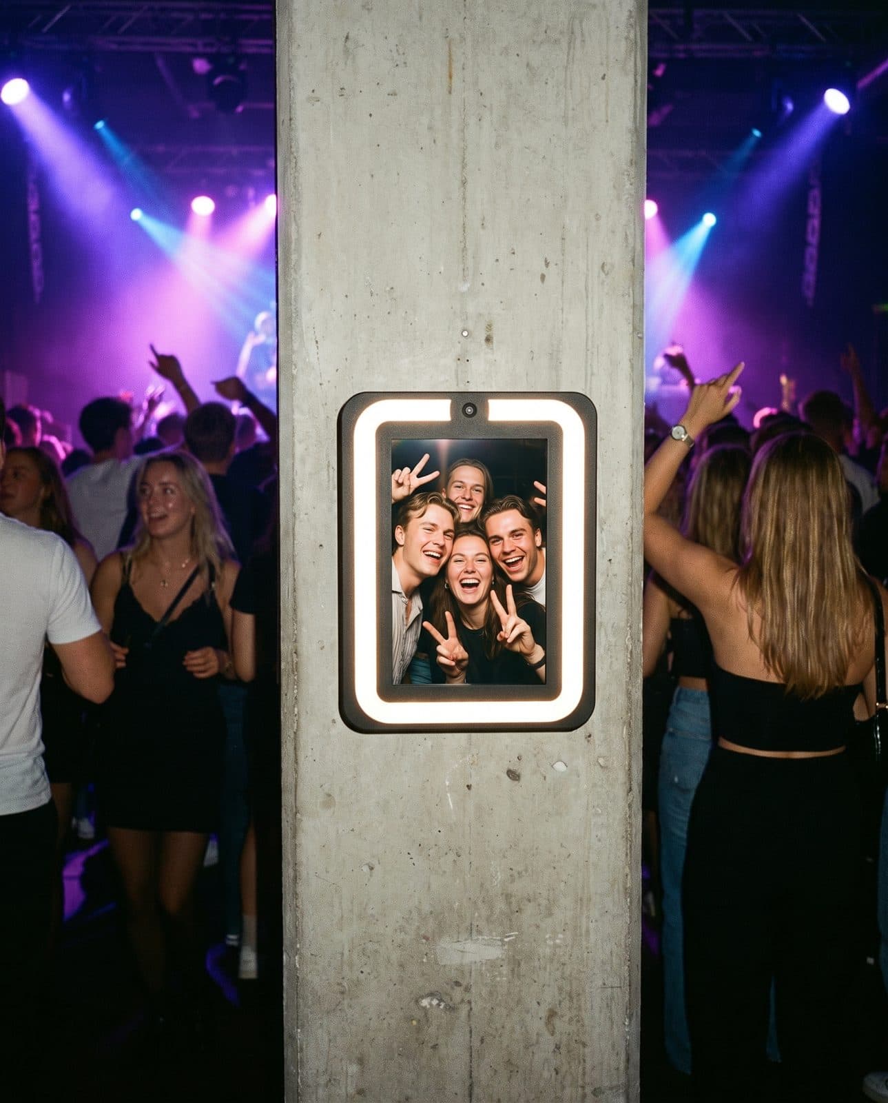 Selfi Boks på en betonsøjle i en natklub med venner på skærmen