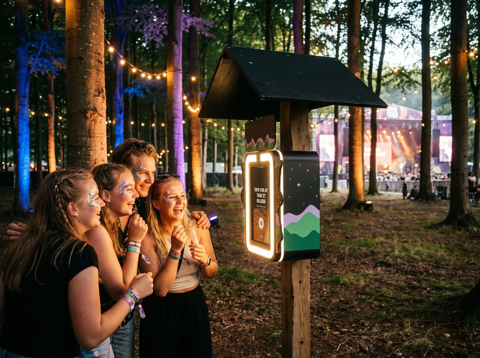Gæster ved Selfi Boks på en festival i skoven