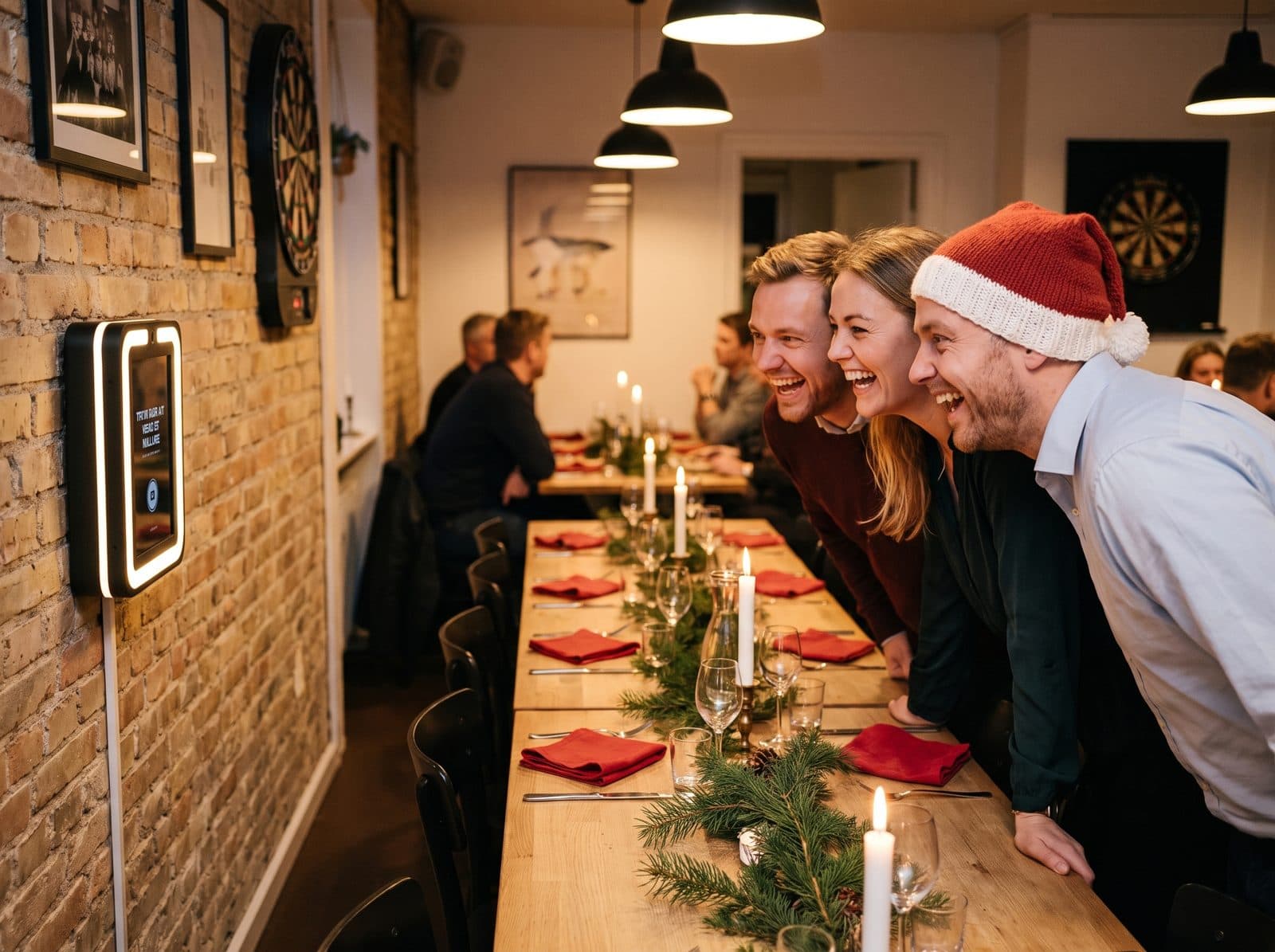 Gæster til et selskab foran Selfi Boks på væggen i en restaurant