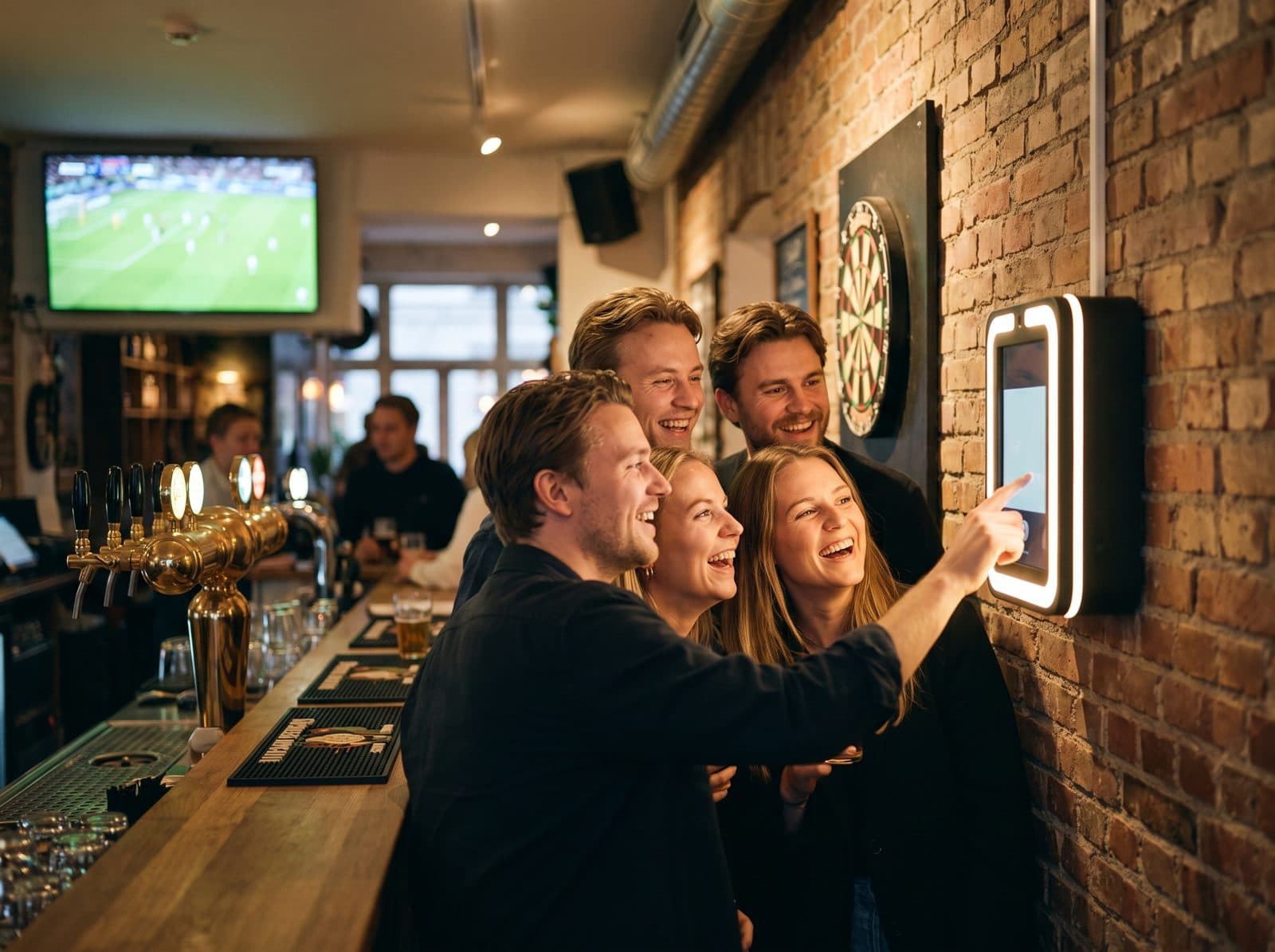 Venner på et værtshus griner foran Selfi Boks